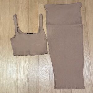 Lulus Set for Life Tan Ribbed Bodycon Two-Piece Dress M